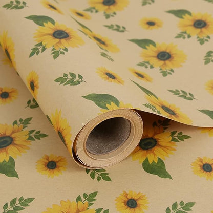 Aimyoo Sunflower Kraft Wrapping Paper Roll - Mini Roll - 17 in x 16.4 ft - All Occasion Floral Gift Wrap Paper for Wedding Bridal Shower Birthday