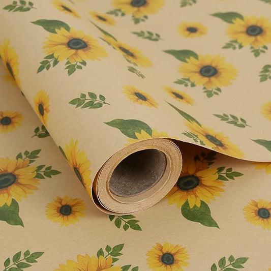 Aimyoo Sunflower Kraft Wrapping Paper Roll - Mini Roll - 17 in x 16.4 ft - All Occasion Floral Gift Wrap Paper for Wedding Bridal Shower Birthday