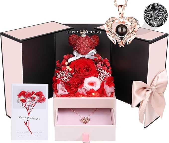 Gifts for Mom Grandma Christmas Birthday Preserved Flowers Roses with Heart Necklace Fresh Flowers for delivery Prime Eternal Forever Flower Box Xmas Gifts for Women Mother Her Wife from Daughter