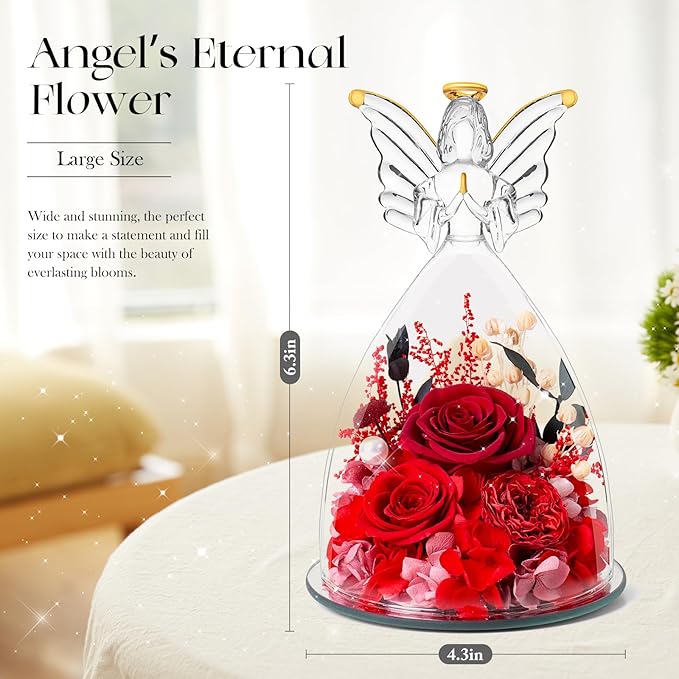 RoseValley Angel Roses Gifts for Mom,Preserved Real Flowers Roses in Glass Angel Figurines,Christmas Birthday Gifts for Grandma Women Mom Wife Mother in Law/Red