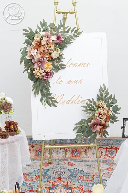 Pack of 2 Wedding Arch Decorations Artificial Hanging Flowers Floral Swag for Wedding Welcome Sign Backdrop Balloon Arch Home Party Bridal Ceremony Reusable(Champagne Coffee)