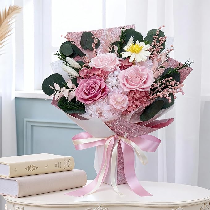 HUACHIPLUS Preserved Roses Bouquet-Good Fortune Gifts for Women Wife Girlfriend Mom-Fresh Flowers Bouquet-Flowers for Delivery Prime on Christmas Valentines Anniversary Mothers Day Birthday (Pink1)