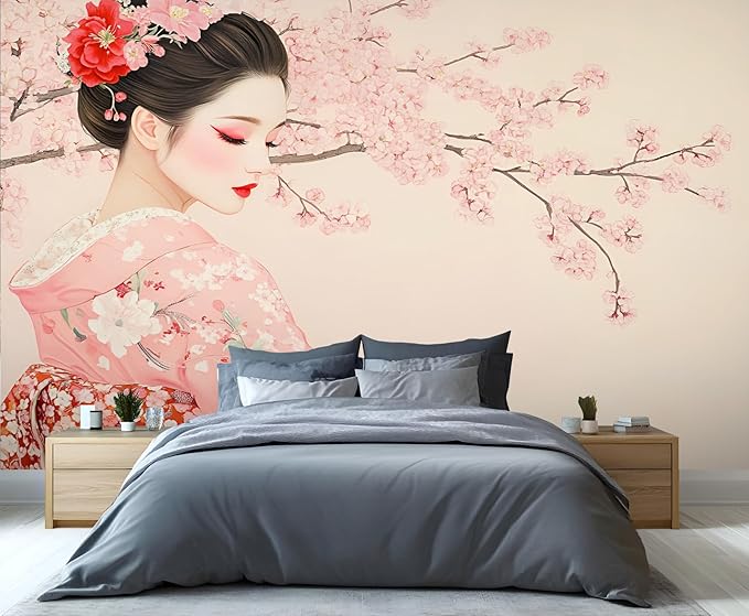 Japanese Cherry Blossom Wall Mural, Kimono Woman Geisha 3D Wall Murals, Oriental Beauty Wallpaper Mural, for Living Room Bedroom Large Wallpaper Indoor Decor 78.7" W x55.1 H