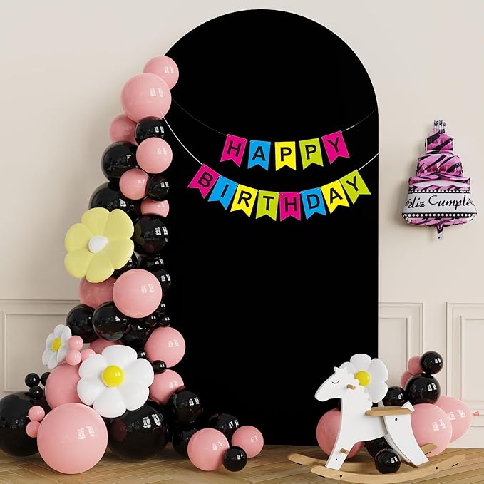 Putros 7.2ft Metal Arch Stand with Cover Black Spandex Fitted Wedding Arch Cover and Round Top Chiara Backdrop Stand Set for Birthday Party Baby Shower Decoration