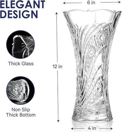 CS Crystal Vase 12-inch high, Sunflower Design, for Flowers & Decor. Lovely Nice Shiny Piece. Perfect as a Gift, Suitable for All Occasions.