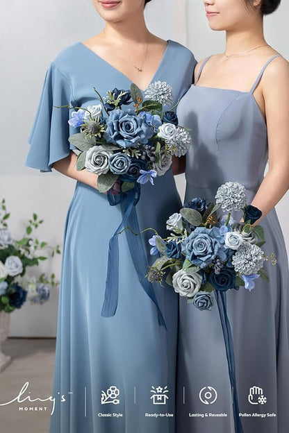 Ling's moment Blue Bridesmaid Bouquet Set of 4, Dusty Blue and Navy Blue Wedding Bouquets for Bridesmaids, 7 Inch Bridal Bouquets for Bridesmaids, Wedding, Ceremony, Anniversary
