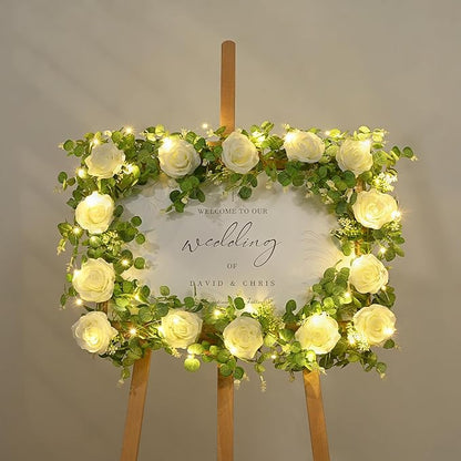 Dolicer 2Pcs 13Ft Artificial Eucalyptus Garlands with Flowers - 8 Roses, Faux Floral Greenery Garlands with 13Ft String Lights Fake Flower Vines for Wedding Table Centerpieces Arch Party Decor (White)