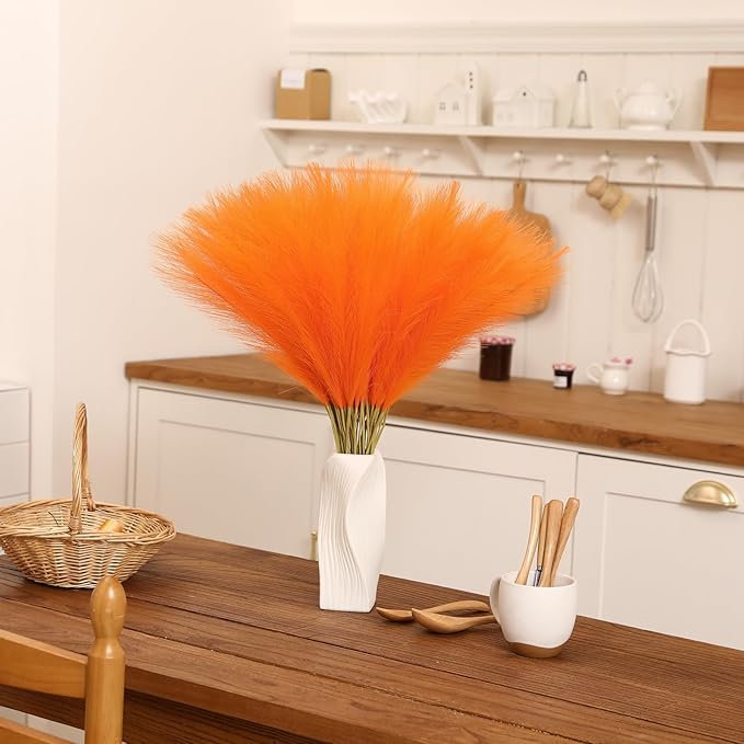 Faux Orange Pampas Grass - 30pcs 24 Inch Artificial Pampas Grass Decor, Tall Pampas Grass for Floor Vase, Table Centerpieces, Wedding, Party and Living Room Decor (Orange, 30 Pieces)