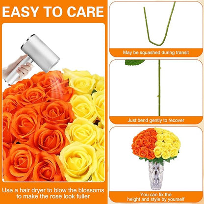 36 Pcs Yellow, Orange Artificial Roses with Long Stems, Purple Fake Silk Rose Artificial Flowers Bulk for Bridal Wedding Bouquet Centerpiece Ball Arrangement Party Decor
