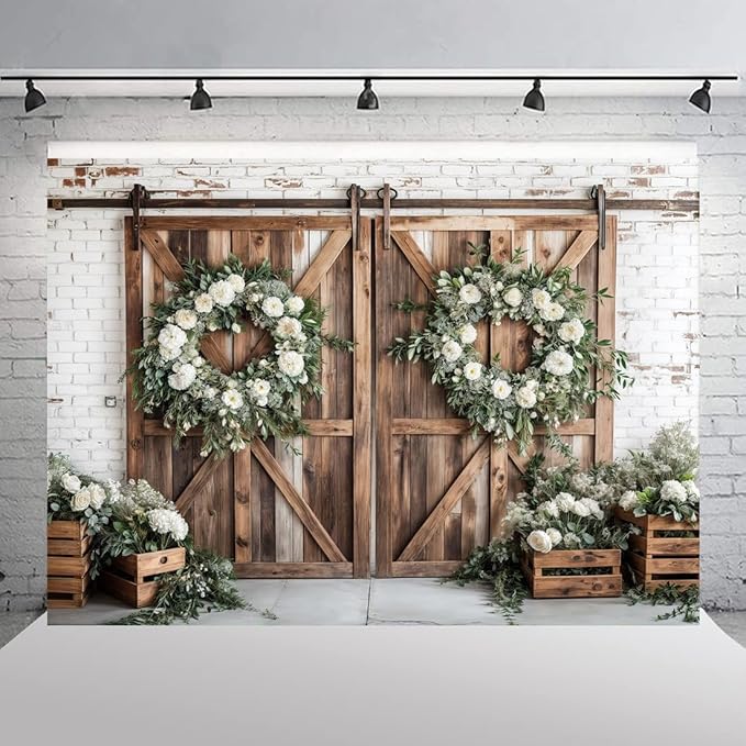 Rustic Barn Door Photography Backdrops, White Flower Wood Brown Barn Door Backdrop, Wedding Birthday Party Decors Photo Booth Props 20x10ft