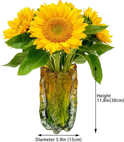Blown Glass Bubble with Ruffled Edge Vase, Art Glass for Home Decor, Tall Vases for Centerpieces & Flowers, Crystal-Like for Bouquets & Pampas Grass, Vases Amber, Flower Bouquet Display (Yellow, L)