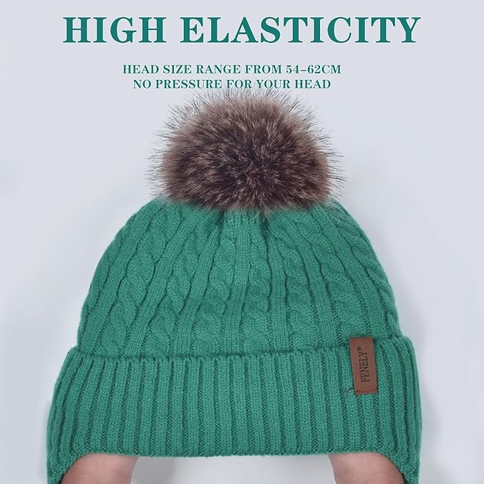 FENELY Women's Knitted Warm Beanie Winter Hat, Warm Chunky Snow Hat with Pompom