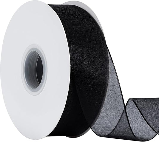 Sheer Organza Ribbon 1-1/2 Inch Chiffon Ribbons for Bouquets Garland, Gift Wrapping, 50 Yards/Roll (Black)
