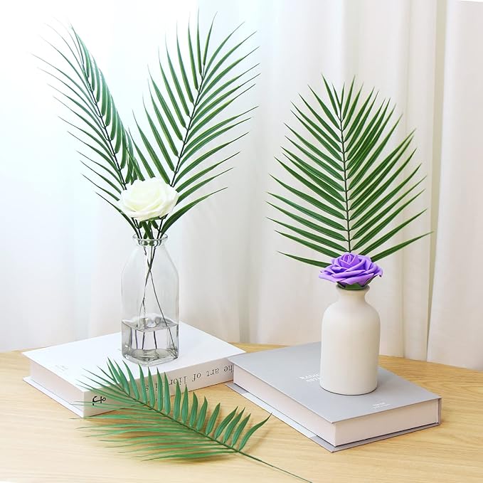 CCINEE 12 PCS Artificial Palm Leaves, Assorted Sizes Faux Large Palm Fronds Fake Tropical Plant Simulation Safari Leaves with Stems for Home Hawaiian Luau Party Jungle Beach Theme Party Decoration
