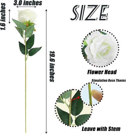 SITUMEIZI 15PCS White Artificial Roses Silk Flowers Fake Roses Realistic Bouquet Long Stem with Gift Box for Mother's Gift Day Home Party Wedding Decorations