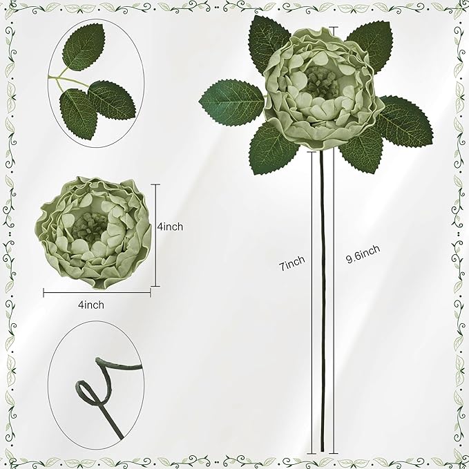 Artificial Flowers, 16pcs Artificial Roses for DIY Wedding Bouquets Centerpieces Arrangements, Sage Green Peonies Flowers with Stem for Bridal Shower Party Home Decorations