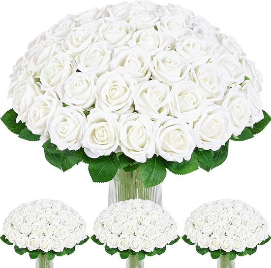BLEUM CADE 100 Pcs White Roses Artificial Flowers, Real Touch Velvet Roses Fake Flowers Bulk, Artificial Roses Bouquet with Long Stems Bridal DIY Wedding Party Centerpiece Decorations