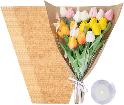 HSONAIGEE 50 Pieces Flower Bouquet Wrapping Paper, 15.8 x 13.8 x 3.9 Inch Flower Bags for Bouquets Kraft Floral Wrap Sleeves with Ribbons for Home Mother’s Day Wedding Flower Bar Supplies