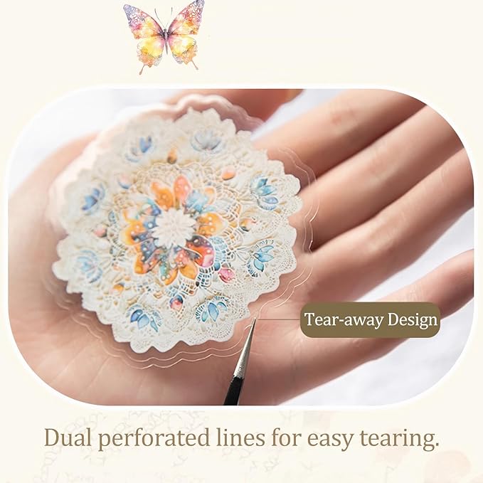 Floral PET Sticker Set, 60PCS Transparent Butterfly, Lace, and Flower Stickers for Scrapbooking, Journaling, Planners and DIY Crafts