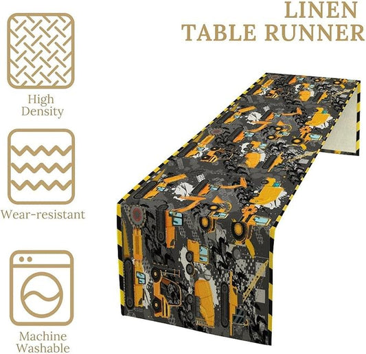 Cartoon Car Table Runner,Boy Kids Construction Yellow Tractor Excavator Tablecloth Burlap for Hotel Indoors Outdoor Dining Room Kitchen Home Decor,W13X L60 in