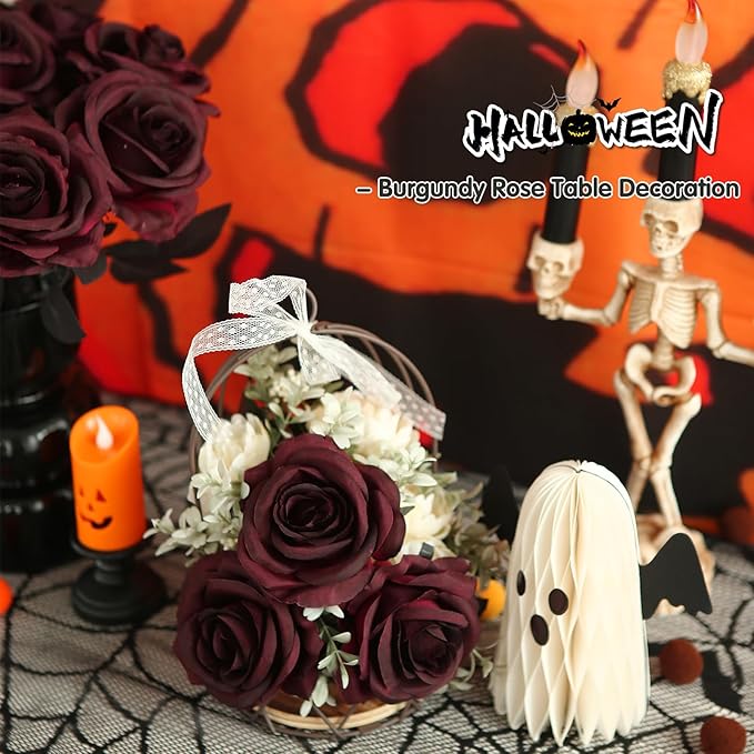 Felice Arts 12 Pack Burgundy Roses Artificial Flowers with Black Stems Silk Roses Fake Gothic Flowers Bouquet for Halloween Wedding Centerpiece Table Vase Home Indoor Kitchen Party DIY Vampire Decor