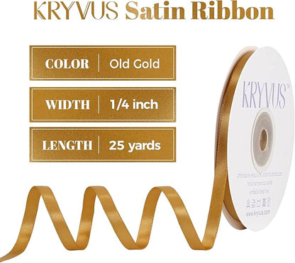 Old Gold Satin Ribbon, Double Faced 1/4 Inch X 25 Yards Old Gold Ribbon, Premium Satin Ribbon for Gift Wrapping, Crafts, Hair Bow Making, Sewing, Flower Bouquet, Wedding Party Decor