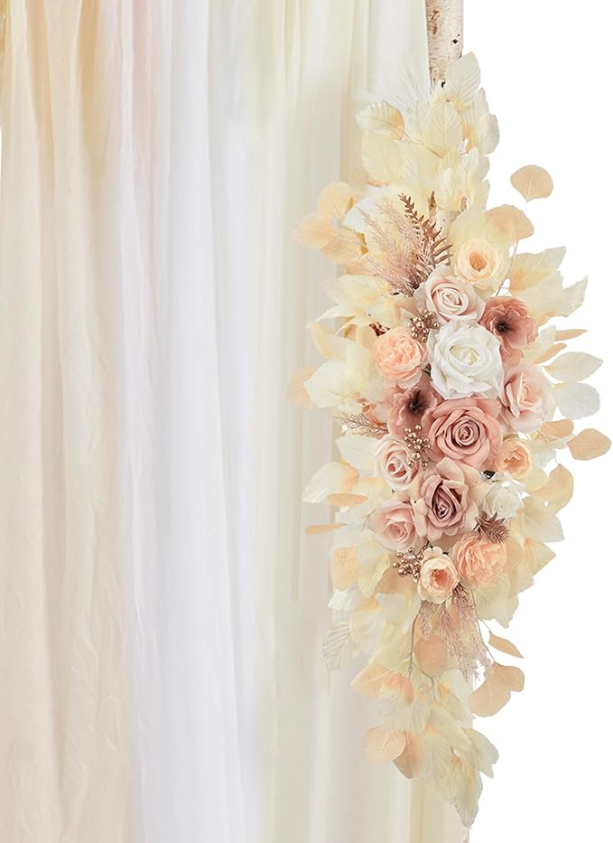 Wedding Arch Flowers Kit Pack of 5,2pcs Boho Artificial Floral Swag Arrangement and 3pcs Fabric Drap for Wedding Flower Arch Decor Ceremony Arbor Reception (Beige)