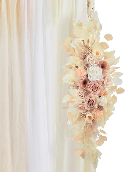 Wedding Arch Flowers Kit Pack of 5,2pcs Boho Artificial Floral Swag Arrangement and 3pcs Fabric Drap for Wedding Flower Arch Decor Ceremony Arbor Reception (Beige)