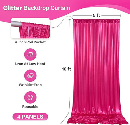 gogoparti 20x10FT Hot Pink Sequin Backdrop Curtain - 4 Panels of 5x10FT Wrinkle-Free Glitter Drapes for Photography, Birthdays, Weddings & Graduations