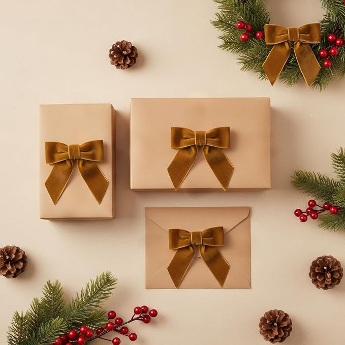 30 Pcs Velvet Ribbon Bows 5" x 4" Pre Tied Christmas Velvet Bows with Twist Tie for Gift Packaging Christmas Tree Wreaths Door Windows Wedding Party Decoration(Camel)