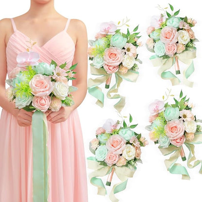TINGE TIME 7 Inch Artificial Flowers Wedding Bouquets for Bridesmaid, Set of 4, Mint Green & Pink Bride Tossing Bouquet for Rustic Wedding Ceremony Bridal Shower Rehearsal Dinner Vintage Party