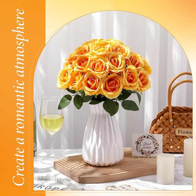 Hotop 40 Pcs Rose Artificial Flowers Bulk with Long Stem,Realistic Silk Fake Roses Bouquet for Home Wedding Centerpieces Party Table Decoration Valentines Gifts(Orange)