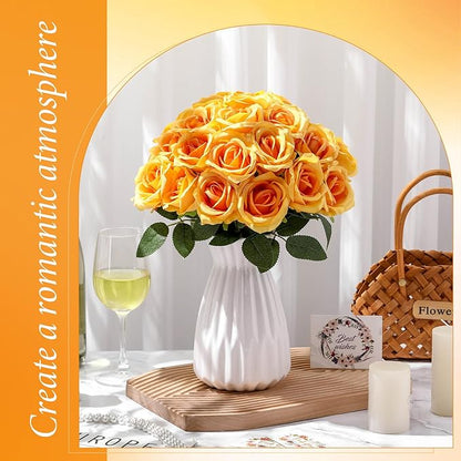 Hotop 40 Pcs Rose Artificial Flowers Bulk with Long Stem,Realistic Silk Fake Roses Bouquet for Home Wedding Centerpieces Party Table Decoration Valentines Gifts(Orange)