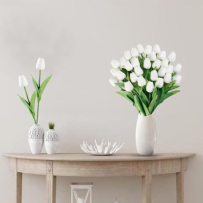 Sggvecsy 30 Pcs Fake Tulips Artificial Flowers Real Touch PU Faux Flowers Tulip Stems for Wedding Spring Bouquet Floral Arrangement Home Party Office Decorations for Mother's Day (White)