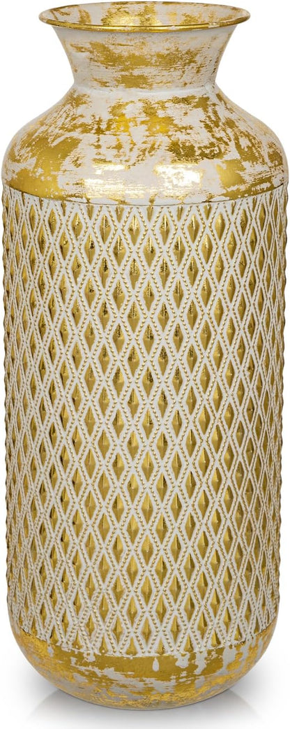 Flower Vase Rustic Metal Vases, 16" Gold Vintage Pattern Vase for Farmhouse Home Décor Artificial Flowers and Centerpieces