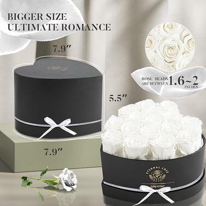 16-Piece Forever Flowers Heart Shape Box - Preserved Roses, Birthday Gifts for Women- Flower Delivery Prime, Valentines, Anniversary, Wedding Gifts- White Roses