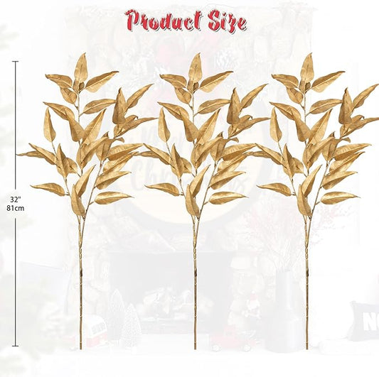 Hollyone 32” Christmas Tree Picks and Sprays 3Pcs Gold Artificial Eucalyptus Stems Eucalyptus Leaves Branches Fake Gold Leaf Floral for Vase DIY Xmas Tree Garland Wreath Centerpieces Wedding Decor
