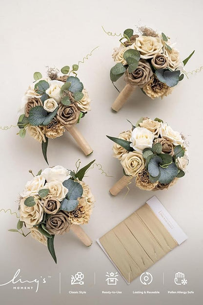 Ling's moment Bridesmaid Bouquet Set of 4, Oatmeal Beige Wedding Bouquets for Bridesmaids, 7 Inch Brown Bridal Bouquets for Bridesmaids, Wedding, Ceremony, Anniversary, etc.