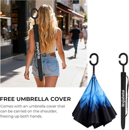 Inverted Umbrella, 49 Inch Double-Layer Vented Reverse Umbrella, Windproof Waterproof UV Protection, Lightweight C-Handle, Fiberglass Ribs, Steel Shaft, Travel/Commute/Car Use, With Sleeve