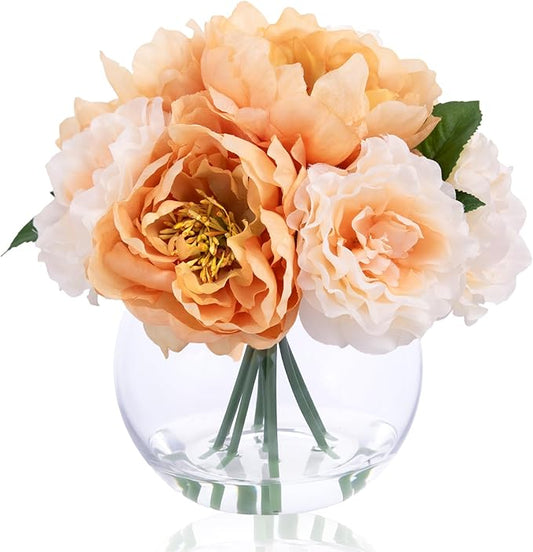 Artificial Flowers in Vase, Silk Peonies Flower Bouquet for Vase with Faux Water, Fake Flower Arrangement for Winter Wedding Party Dinning Coffee Table Centerpieces & Mom's Gift (Apricot & Nude)