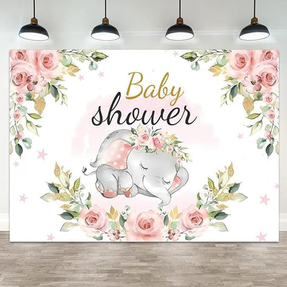 9x6ft Elephant Baby Shower Backdrop for Girl Pink Flowers Photography Background Newborn Girls Birthday Banner Decorations Sweet Princess Baby Party Portrait Photo Booth Prop