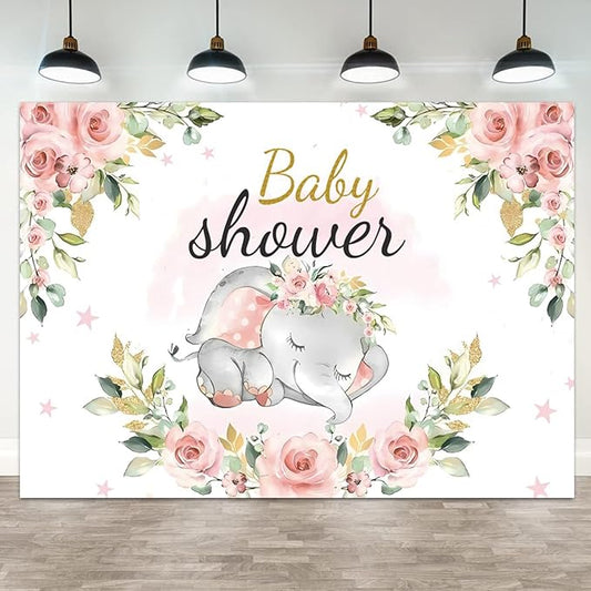 9x6ft Elephant Baby Shower Backdrop for Girl Pink Flowers Photography Background Newborn Girls Birthday Banner Decorations Sweet Princess Baby Party Portrait Photo Booth Prop