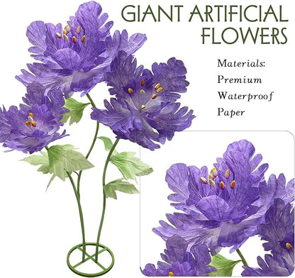 Giant Paper Flowers for Decoration, Big Artificial Flower with Stems and Stands Party Banquet Wedding Reception Stage Photography Props Mall Display Graduation Essential Background Home Decor, Purple