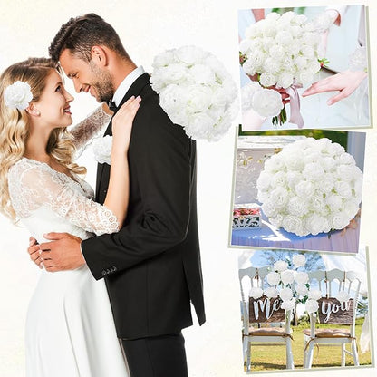 200 Pcs Flowers Long Stem Artificial Rose Bulk, 3.2 Inches Silk Rose Head Flowers Faux for Wedding Bridal Bouquet Independence Day Home Floral DIY Centerpieces Party Decoration(White)