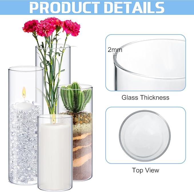 Sawysine 64 Pcs Glass Cylinder Vases 2.5''/2.95''/3.9'' Diameter Clear Flowers Vase Hurricane Floating Candles Holders for Table Centerpieces (2.95 x 6 in,2.95 x 8 in,2.95 x 10 in,2.95 x 12 in)