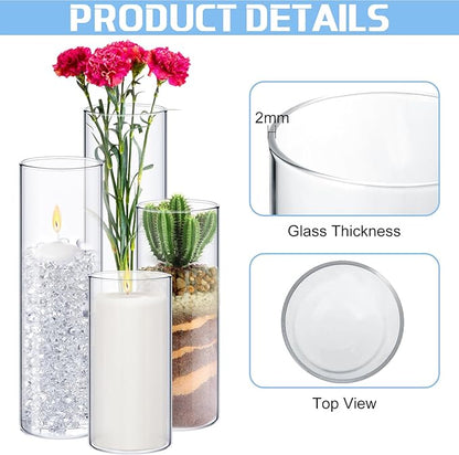 Sawysine 64 Pcs Glass Cylinder Vases 2.5''/2.95''/3.9'' Diameter Clear Flowers Vase Hurricane Floating Candles Holders for Table Centerpieces (2.95 x 6 in,2.95 x 8 in,2.95 x 10 in,2.95 x 12 in)