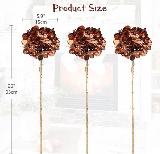 Hollyone 3Pcs Christmas Flowers Brown Christmas Ornaments Artificial Hydrangea Flowers 26inch Fake Hydrangea Flower Floral Arrangements Bouquets Xmas Faux Hydrangeas Stems Party Christmas Home Decor