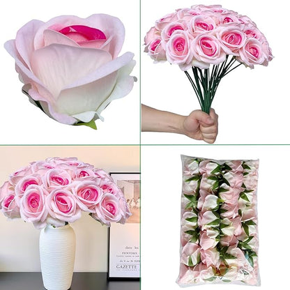 FagusHome 30 Pcs Silk Rose Artificial Flowers Roses Bulk Bouquet Fake Flowers Rose Heads with Stems for Home Wedding Decor (Pink)