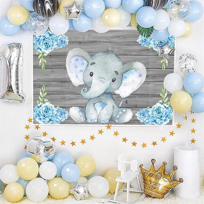 AOFOTO 12x10ft Elephant Rustic Grey Wooden Backdrop for Boy Baby Shower Watercolor Blue Floral Cartoon Animal Gender Reveal Photography Background It's a Boy Newborn Kids Birthday Party Decoration