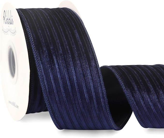 Ribbli Glossy Navy Velvet Wired Ribbon 2.5 Inch Striped Velvet Christmas Ribbon for Gift Wrapping Christmas Tree Decoration Crafts Wreaths Supplies-Continuous 10 Yards